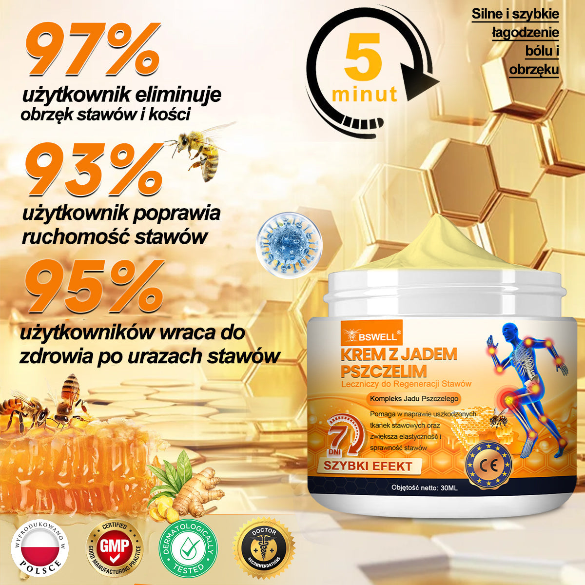 BSWELL® Krem z jadem pszczelim na regenerację stawów 🏃‍♀️ (ekstrakt z pszczoły nowozelandzkiej – opracowany z myślą o osobach z problemami ze stawami i bólem stawów)