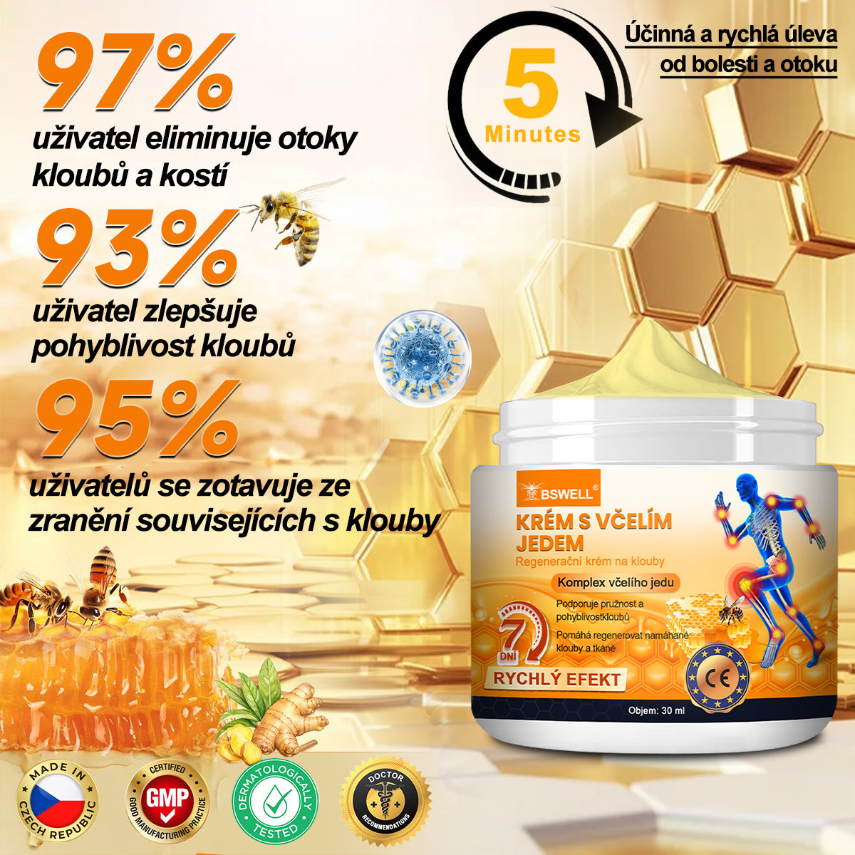 ✅BSWELL® krém s včelím jedem pro regeneraci kloubů 🏃‍♀️ (extrakt z novozélandských včel – vyvinutý speciálně pro lidi s problémy s klouby a bolestí kloubů)